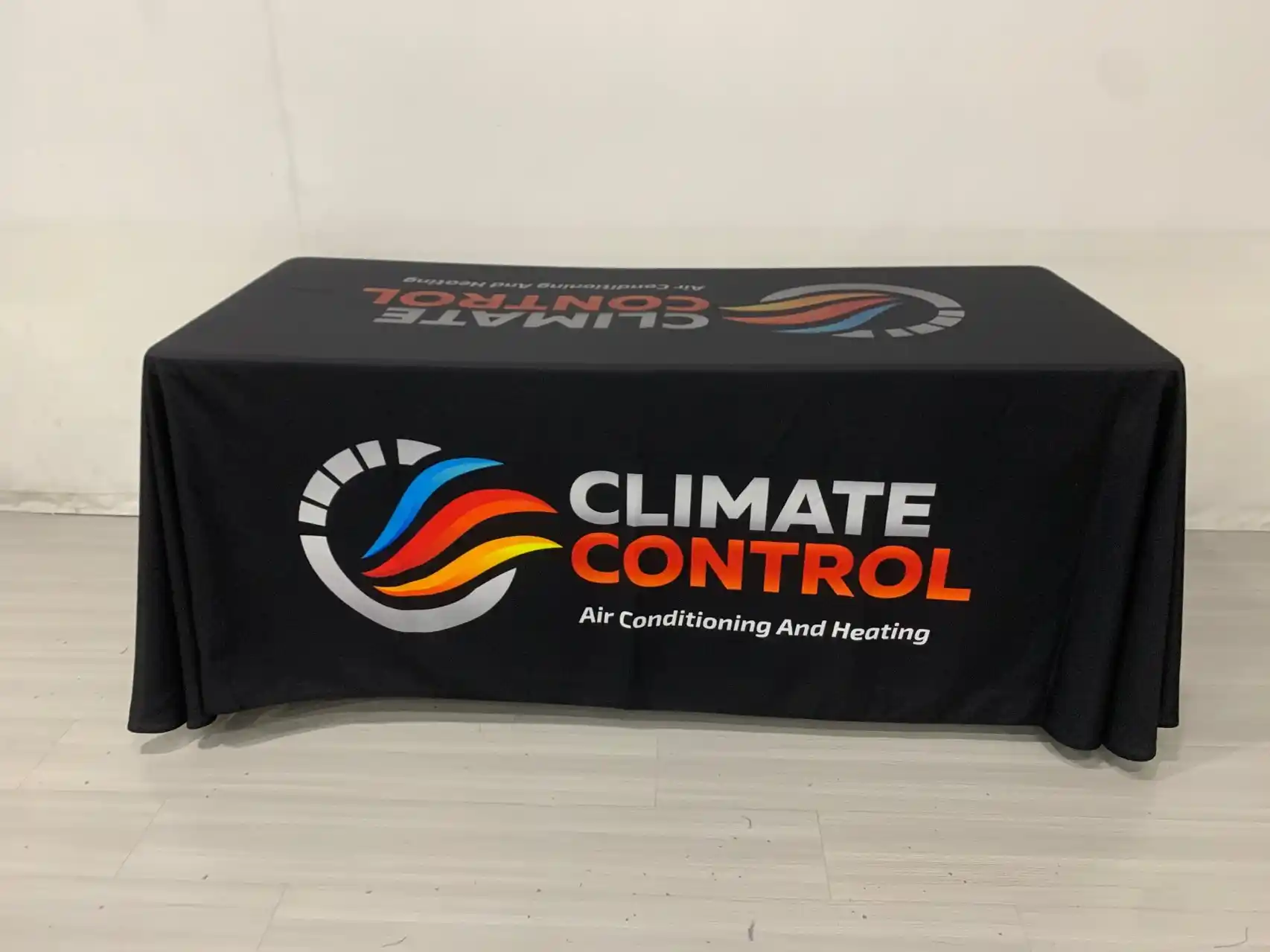 Climate Control branded 6-ft drape table cloth — full-color logo print front and top